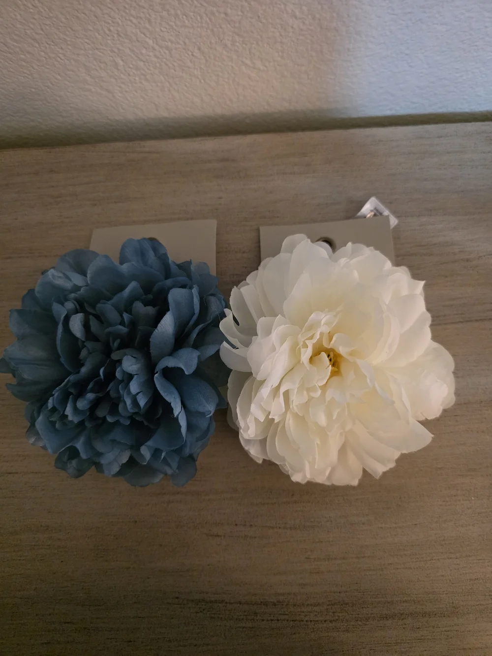 Hair Clips Set Of 2 Blue and Cream Faux Peony Clip-On Flowers -